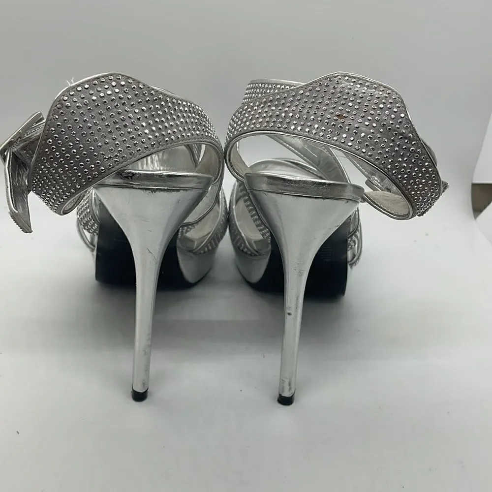 L Miller Beautiful Shoes  Silver Rhinestones Wrap Ankle 9M Sexy Dressy
